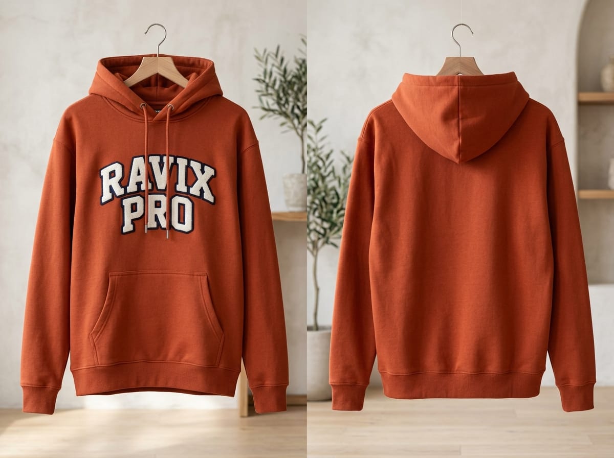 Custom Rust Hoodie with Chenille Patch Lettering Custom Rust Hoodie with Chenille Patch Lettering – front and back view, custom manufactured by Ravix Pro Industry, Sialkot