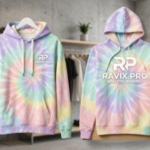 Custom Pastel Tie-Dye Hoodie – front and back view, custom manufactured by Ravix Pro Industry, Sialkot