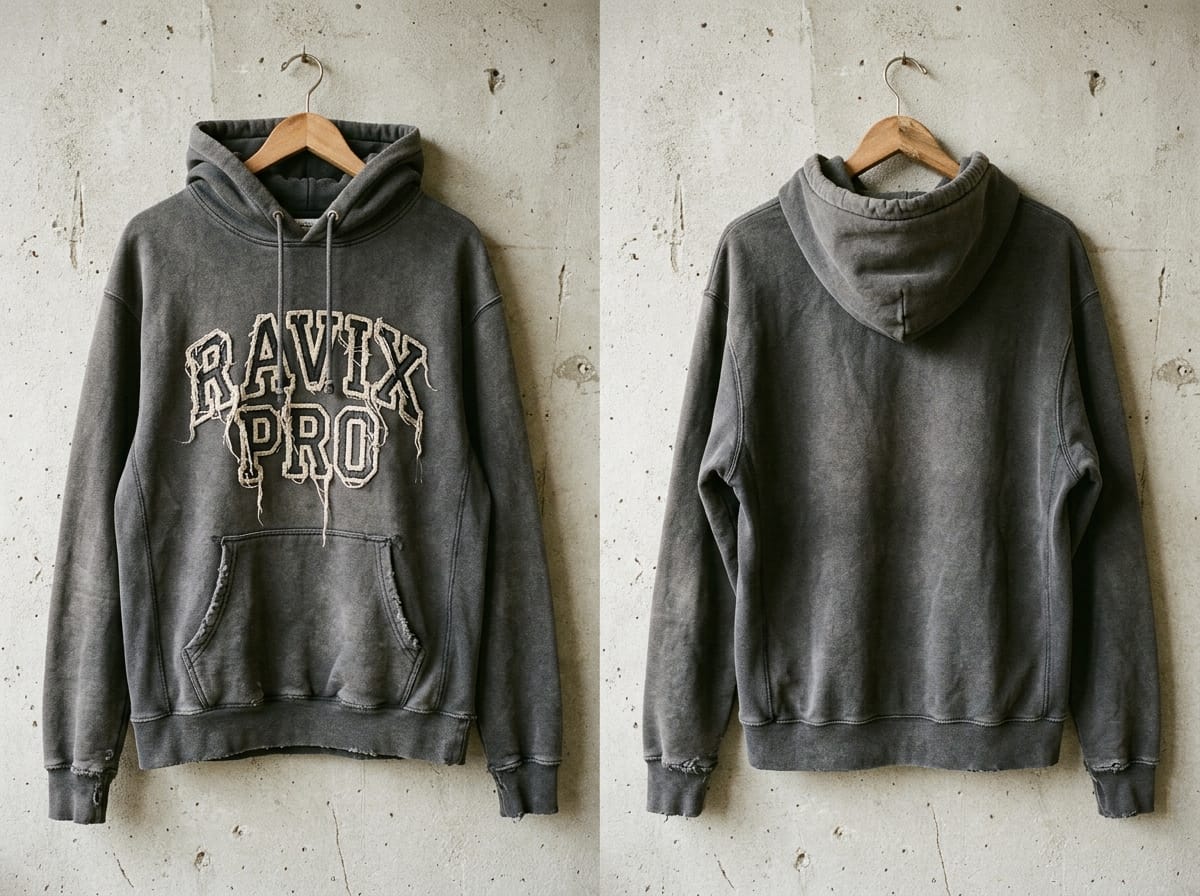 Custom Acid Wash Distressed Hoodie – front and back view, custom manufactured by Ravix Pro Industry, Sialkot