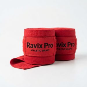 Custom Red Boxing Hand Wraps – front and back view, custom manufactured by Ravix Pro Industry, Sialkot