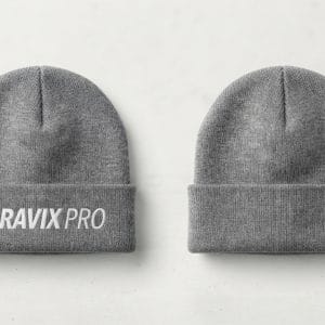 Custom Heather Grey Cuffed Knit Beanie with Printed Logo – front and back view, custom manufactured by Ravix Pro Industry, Sialkot