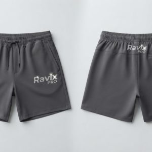 Custom Charcoal Training Shorts with Grey Logo – front and back view, custom manufactured by Ravix Pro Industry, Sialkot