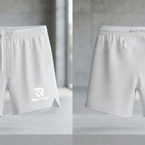 Custom White Split Hem Running Shorts – front and back view, custom manufactured by Ravix Pro Industry, Sialkot