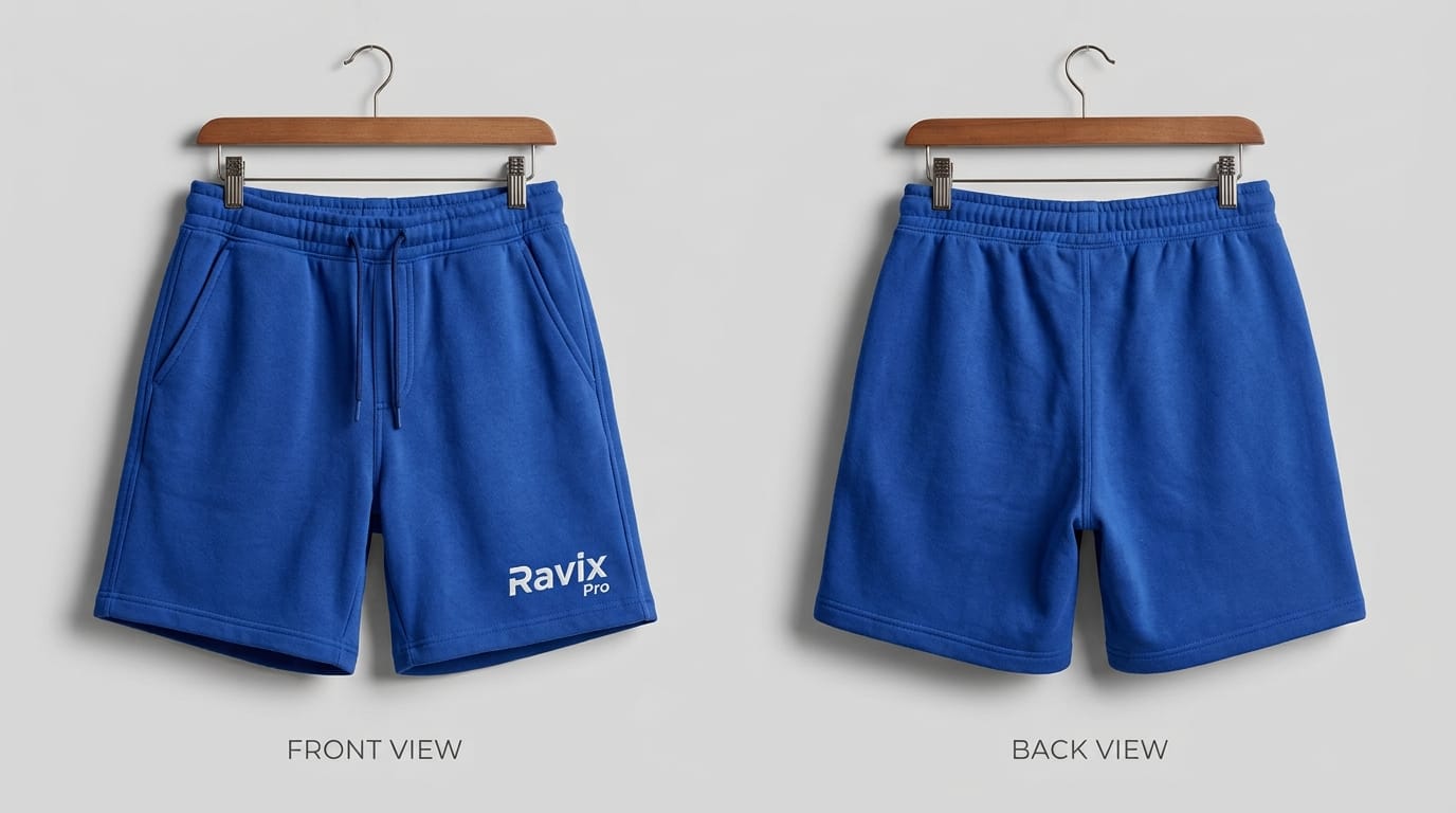 Custom Royal Blue Fleece Sweat Shorts Custom Royal Blue Fleece Sweat Shorts – front and back view, custom manufactured by Ravix Pro Industry, Sialkot