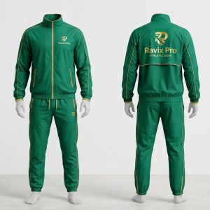 Custom Green Tracksuit with Gold Piping and Logo – front and back view, custom manufactured by Ravix Pro Industry, Sialkot