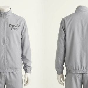 Custom Light Grey Windbreaker Tracksuit – front and back view, custom manufactured by Ravix Pro Industry, Sialkot