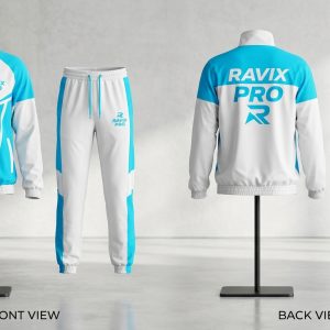 Custom White and Sky Blue Sports Tracksuit – front and back view, custom manufactured by Ravix Pro Industry, Sialkot