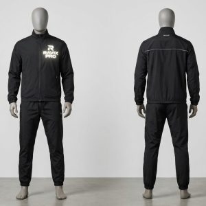 Custom Black Tracksuit with White Piping – front and back view, custom manufactured by Ravix Pro Industry, Sialkot