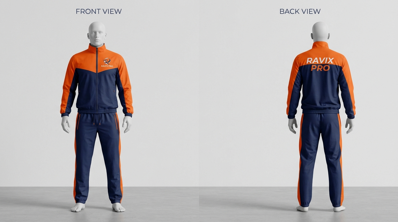 Custom Navy and Orange Team Tracksuit Custom Navy and Orange Team Tracksuit – front and back view, custom manufactured by Ravix Pro Industry, Sialkot