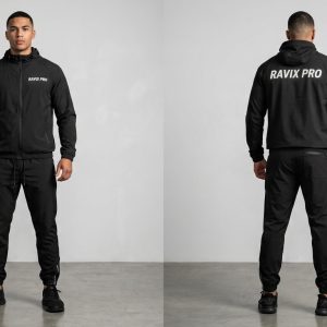 Custom Black Zip Hoodie Set with Back Print – front and back view, custom manufactured by Ravix Pro Industry, Sialkot