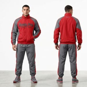 Custom Red and Grey Colour Block Tracksuit – front and back view, custom manufactured by Ravix Pro Industry, Sialkot