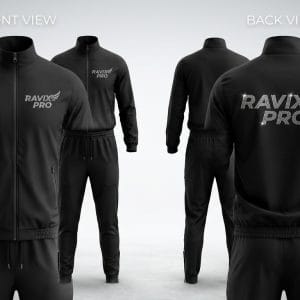 Custom Black Athletic Windbreaker Tracksuit with Tonal Back Logo – front and back view, custom manufactured by Ravix Pro Industry, Sialkot