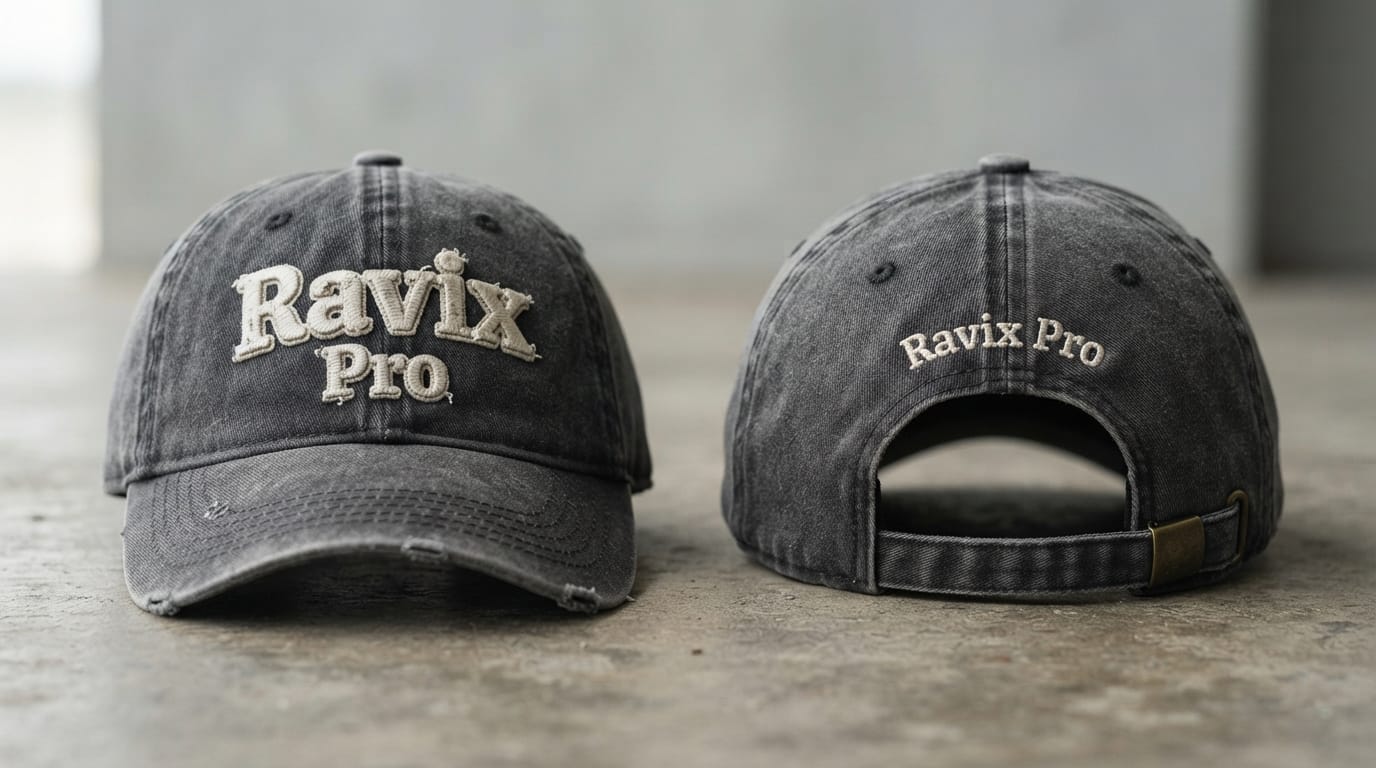 Custom Washed Charcoal Distressed Baseball Cap with 3D Puff Embroidery Custom Washed Charcoal Distressed Baseball Cap with 3D Puff Embroidery – front and back view, custom manufactured by Ravix Pro Industry, Sialkot