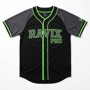 Custom Black and Green Outline Lettering Baseball Jersey – front and back view, custom manufactured by Ravix Pro Industry, Sialkot