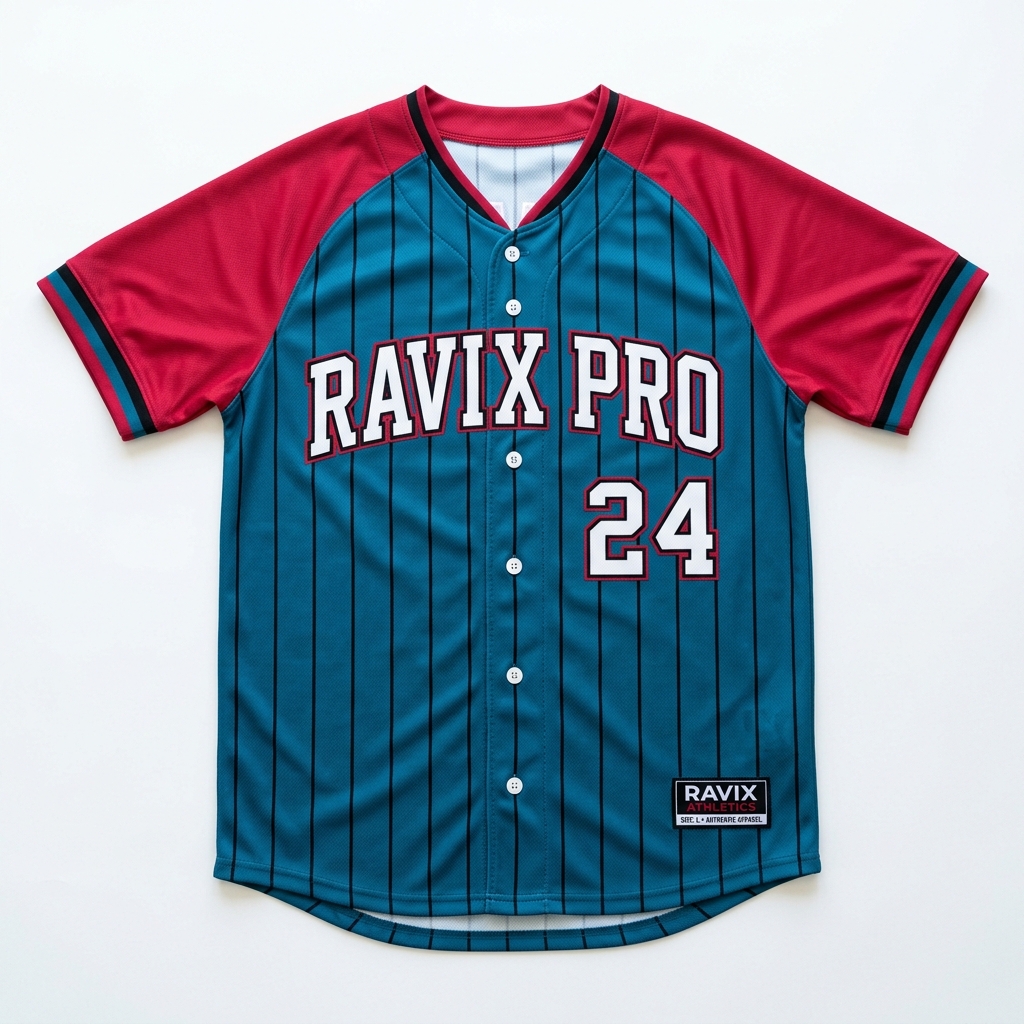 Custom Teal and Red Pinstripe Baseball Jersey Custom Teal and Red Pinstripe Baseball Jersey – front and back view, custom manufactured by Ravix Pro Industry, Sialkot