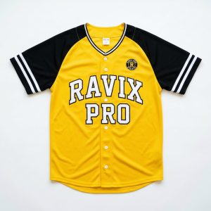 Custom Yellow and Black Baseball Jersey with Patch – front and back view, custom manufactured by Ravix Pro Industry, Sialkot
