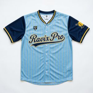 Custom Powder Blue Pinstripe Baseball Jersey – front and back view, custom manufactured by Ravix Pro Industry, Sialkot