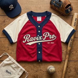 Custom Red and Cream Baseball Jersey with Cap – front and back view, custom manufactured by Ravix Pro Industry, Sialkot