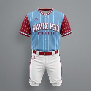 Custom Sky Blue Pinstripe Baseball Uniform – front and back view, custom manufactured by Ravix Pro Industry, Sialkot