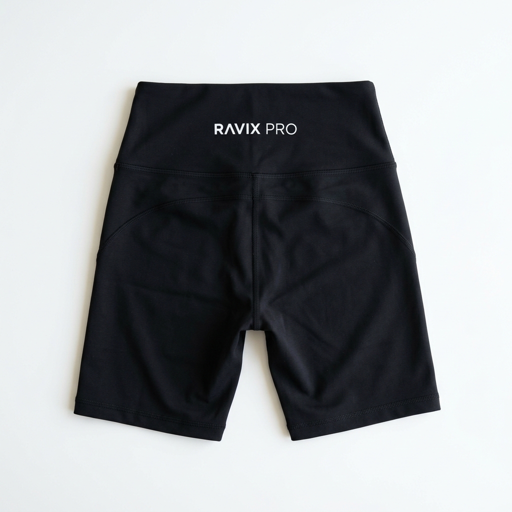 Custom Black Biker Shorts with Back Logo Custom Black Biker Shorts with Back Logo – front and back view, custom manufactured by Ravix Pro Industry, Sialkot