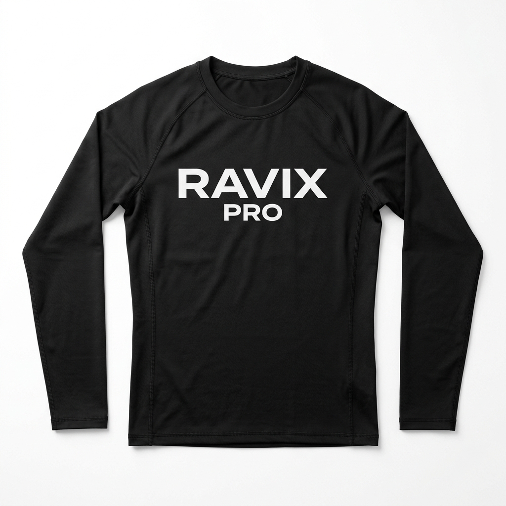 Custom Black Rash Guard with Bold Chest Logo Custom Black Rash Guard with Bold Chest Logo – front and back view, custom manufactured by Ravix Pro Industry, Sialkot