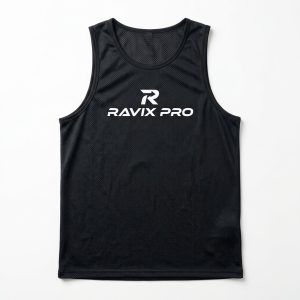 Custom Black Mesh Training Singlet – front and back view, custom manufactured by Ravix Pro Industry, Sialkot