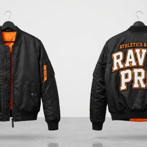Custom Black MA-1 Bomber with Orange Collegiate Back – front and back view, custom manufactured by Ravix Pro Industry, Sialkot