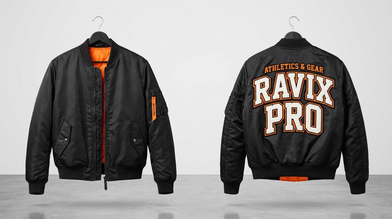 Custom Black MA-1 Bomber with Orange Collegiate Back Custom Black MA-1 Bomber with Orange Collegiate Back – front and back view, custom manufactured by Ravix Pro Industry, Sialkot