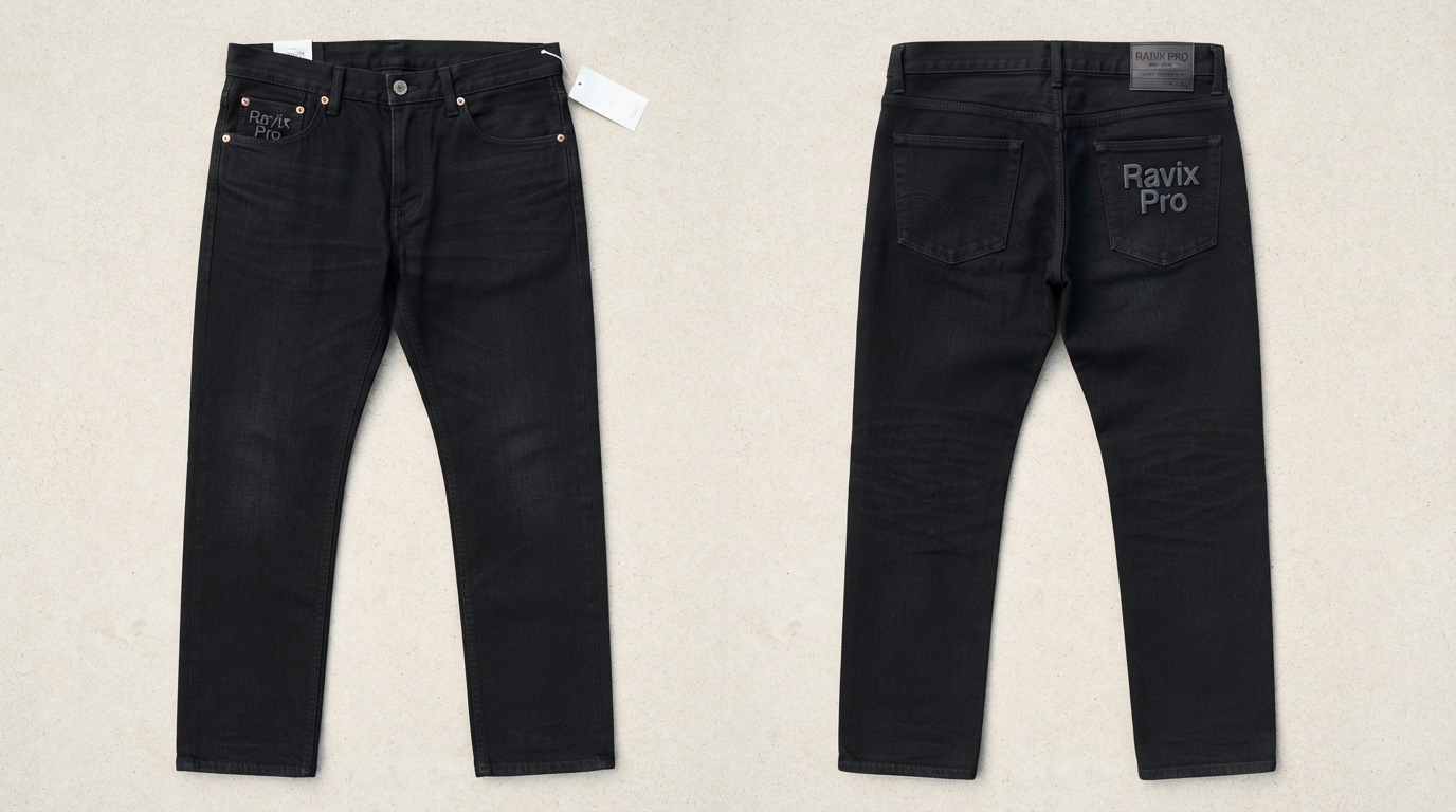 Custom Black Straight Jeans with Tonal Pocket Logo Custom Black Straight Jeans with Tonal Pocket Logo – front and back view, custom manufactured by Ravix Pro Industry, Sialkot