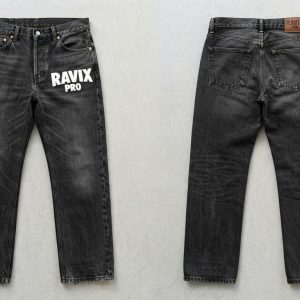 Custom Faded Black Jeans with Front Print – front and back view, custom manufactured by Ravix Pro Industry, Sialkot