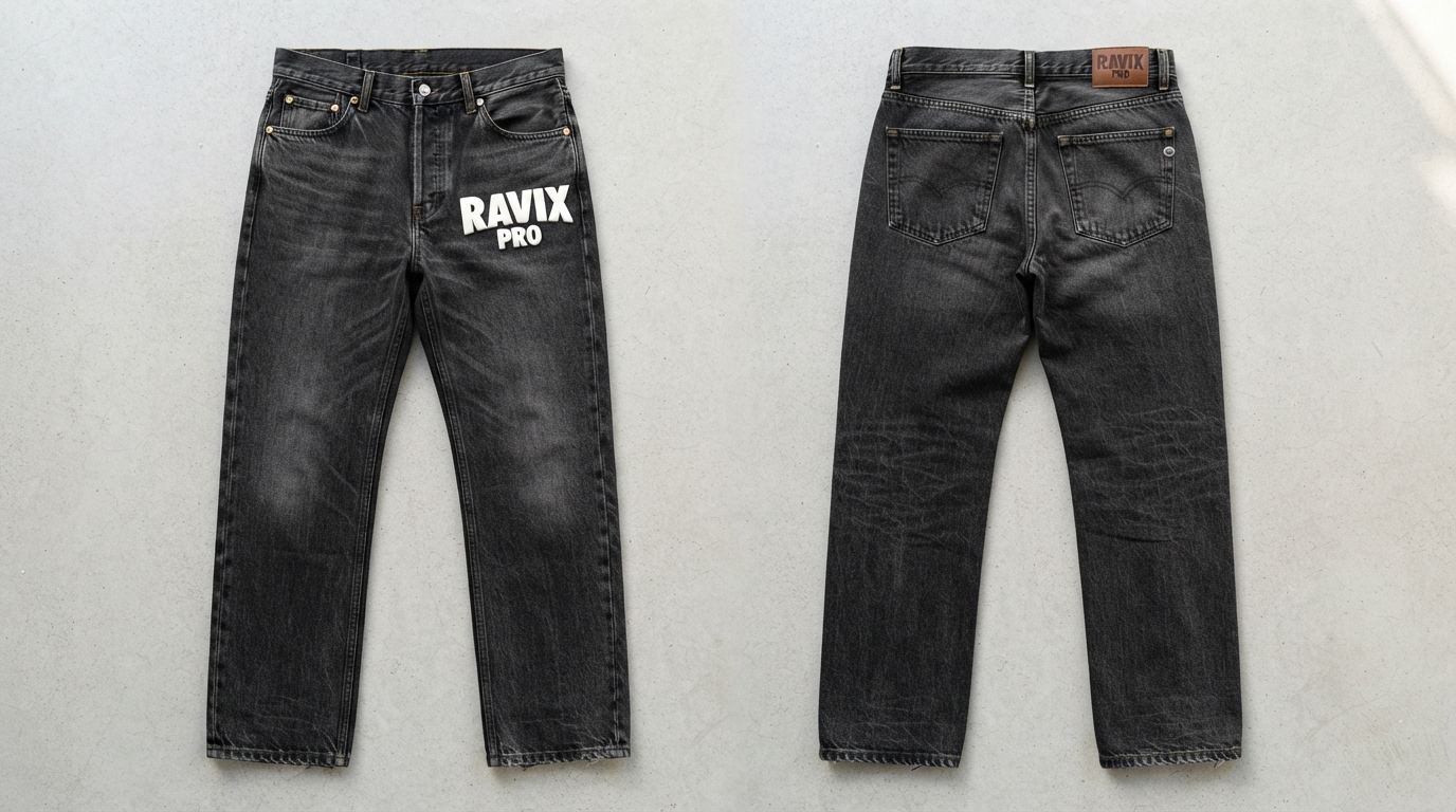 Custom Faded Black Jeans with Front Print Custom Faded Black Jeans with Front Print – front and back view, custom manufactured by Ravix Pro Industry, Sialkot