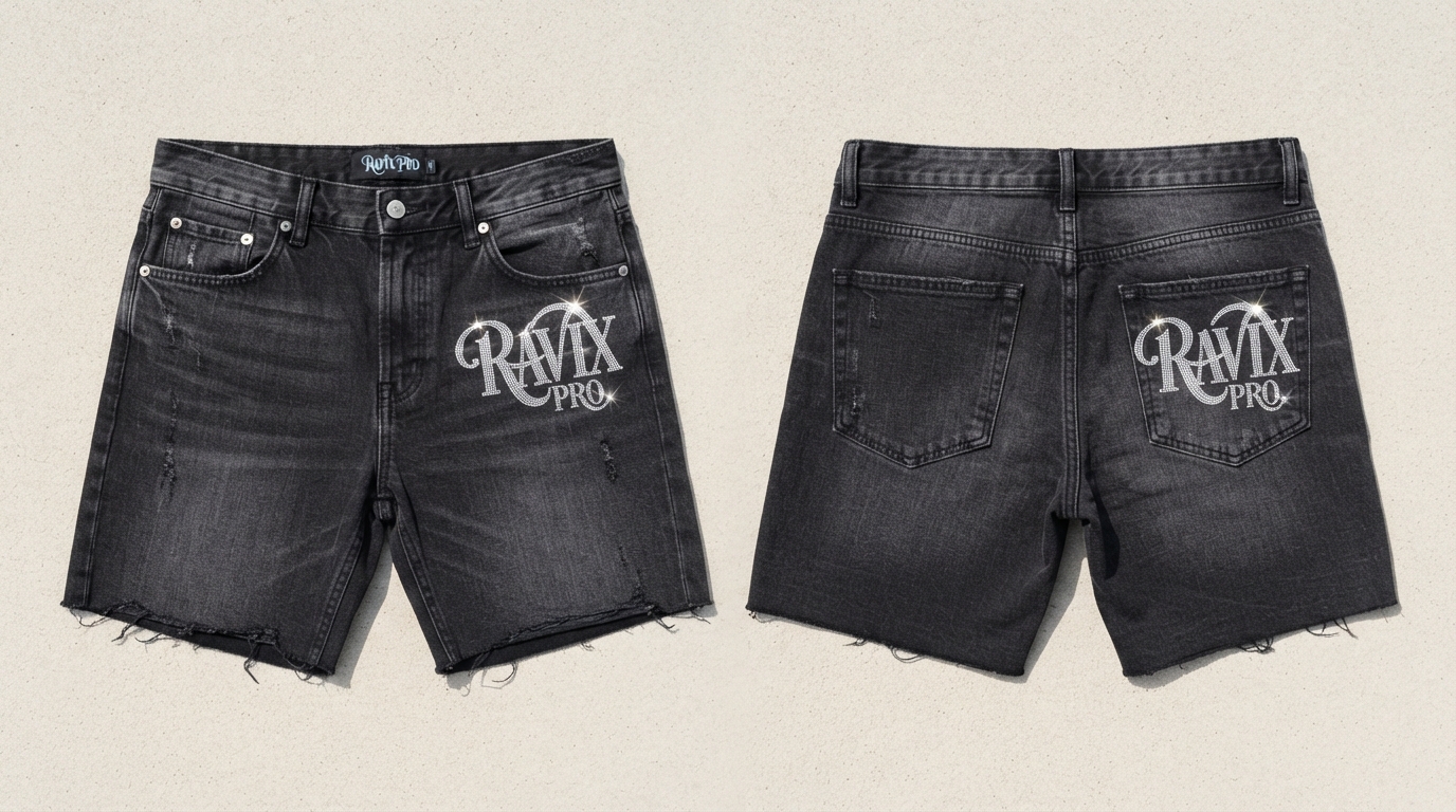 Custom Black Denim Shorts with Distressed Script Custom Black Denim Shorts with Distressed Script – front and back view, custom manufactured by Ravix Pro Industry, Sialkot
