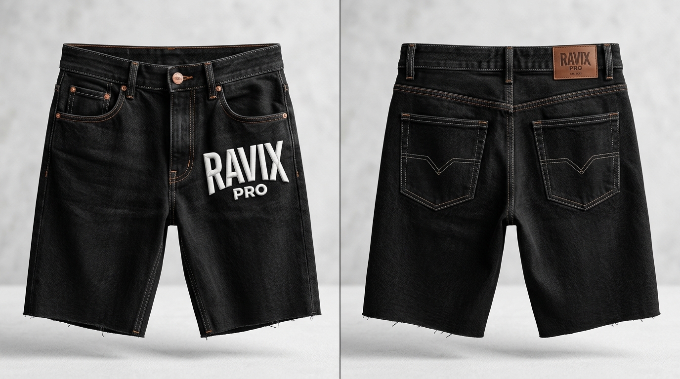 Custom Black Denim Shorts with Leg Print Custom Black Denim Shorts with Leg Print – front and back view, custom manufactured by Ravix Pro Industry, Sialkot