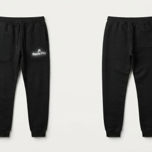 Custom Black Joggers with Printed Logo – front and back view, custom manufactured by Ravix Pro Industry, Sialkot