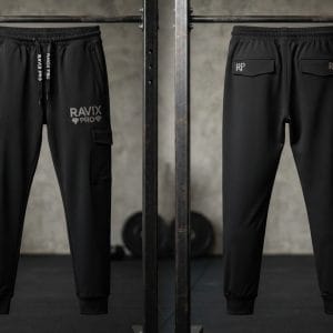 Custom Black Cargo Joggers with Printed Logo – front and back view, custom manufactured by Ravix Pro Industry, Sialkot