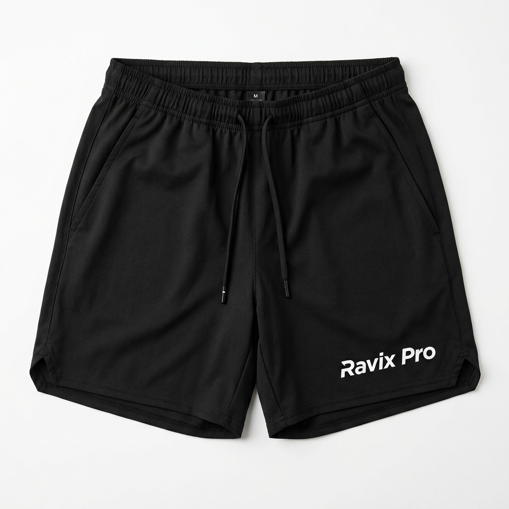 Custom Black Gym Shorts with Script Logo Custom Black Gym Shorts with Script Logo – front and back view, custom manufactured by Ravix Pro Industry, Sialkot