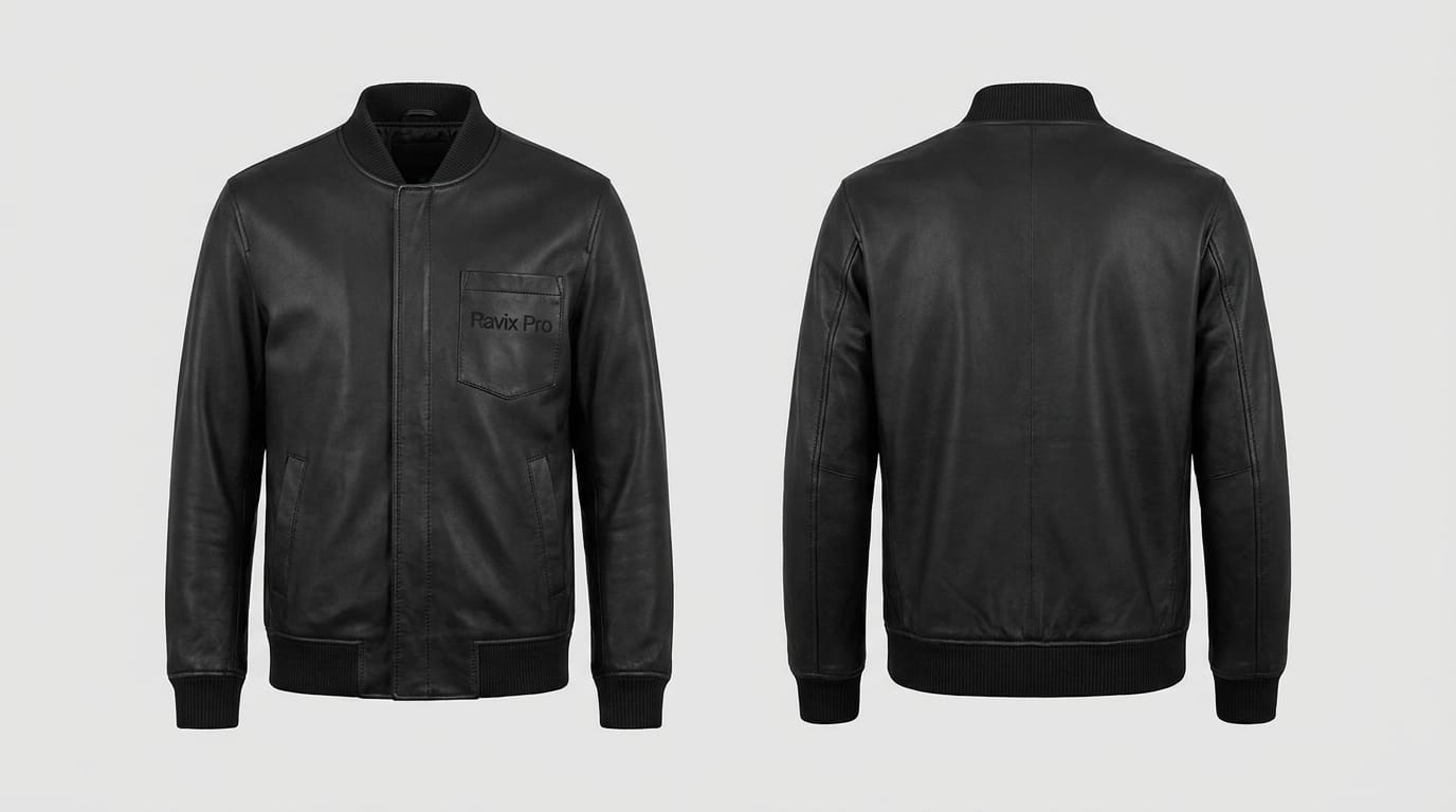 Custom Black Leather Bomber Jacket Custom Black Leather Bomber Jacket – front and back view, custom manufactured by Ravix Pro Industry, Sialkot