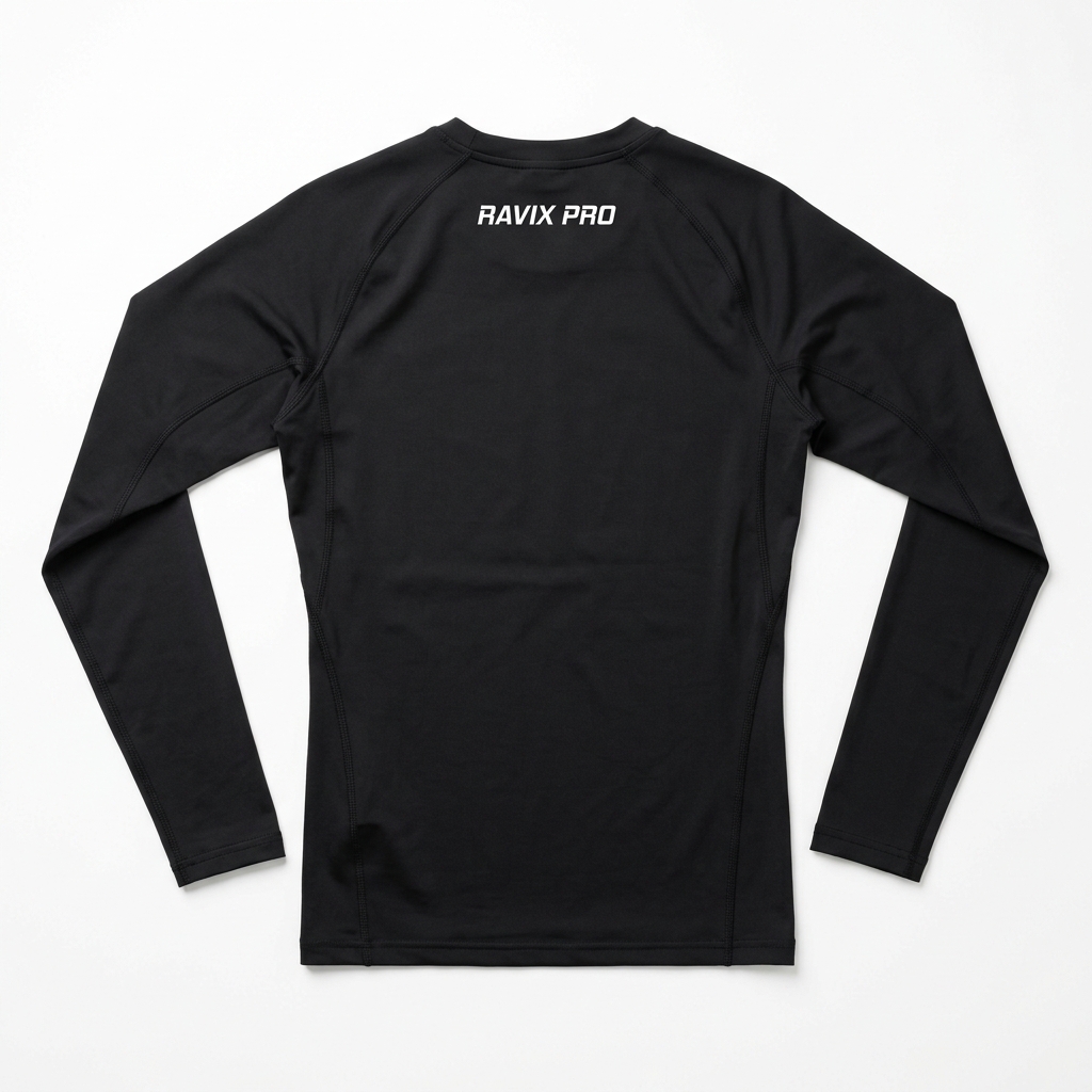 Custom Black Long Sleeve Compression Top Custom Black Long Sleeve Compression Top – front and back view, custom manufactured by Ravix Pro Industry, Sialkot