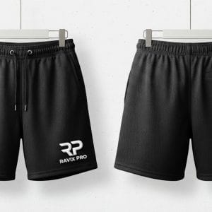 Custom Black Sweat Shorts with RP Monogram – front and back view, custom manufactured by Ravix Pro Industry, Sialkot
