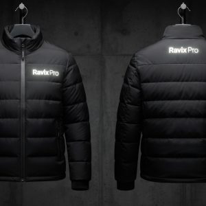 Custom Black Puffer with Reflective Logo – front and back view, custom manufactured by Ravix Pro Industry, Sialkot