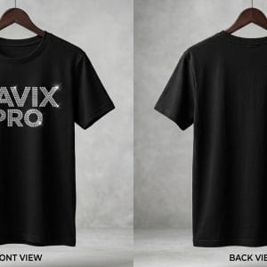 Custom Black T-Shirt with Large Grey Print – front and back view, custom manufactured by Ravix Pro Industry, Sialkot