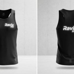 Custom Black Racerback Running Singlet – front and back view, custom manufactured by Ravix Pro Industry, Sialkot