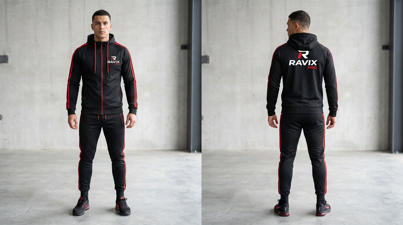 Custom Black Tracksuit with Red Piping Custom Black Tracksuit with Red Piping – front and back view, custom manufactured by Ravix Pro Industry, Sialkot