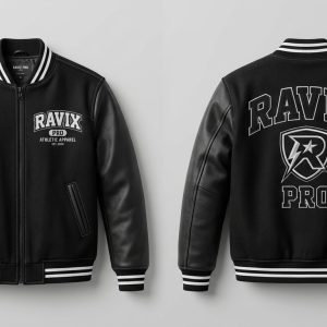 Custom All Black Varsity with Shield Emblem – front and back view, custom manufactured by Ravix Pro Industry, Sialkot