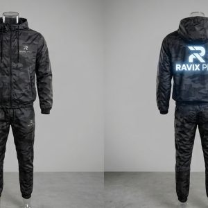 Custom Black Camo Hooded Tracksuit with Glow Logo – front and back view, custom manufactured by Ravix Pro Industry, Sialkot