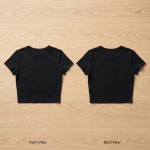 Custom Black Women's Fitted Crop Tee – front and back view, custom manufactured by Ravix Pro Industry, Sialkot