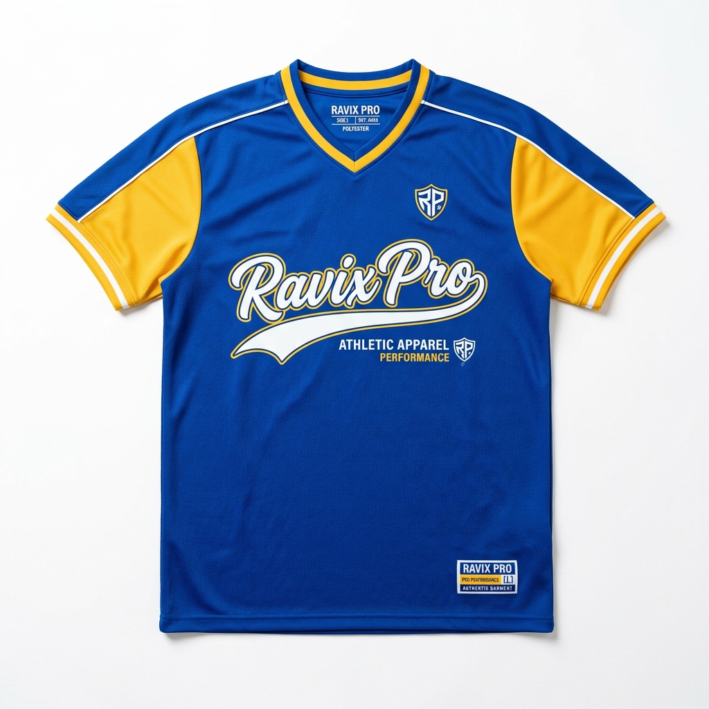 Custom Royal Blue and Gold V-Neck Baseball Jersey Custom Royal Blue and Gold V-Neck Baseball Jersey – front and back view, custom manufactured by Ravix Pro Industry, Sialkot