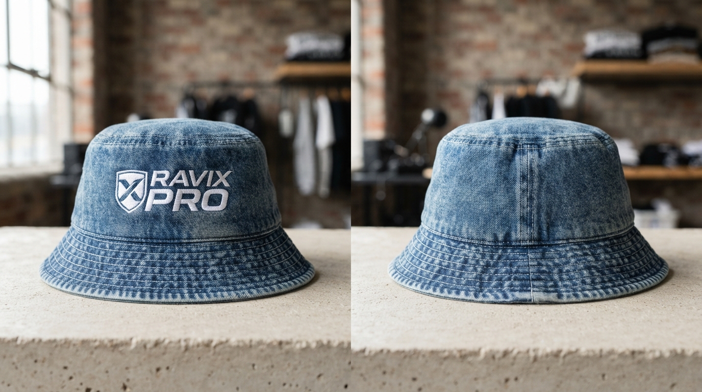Custom Denim Bucket Hat with Printed Logo Custom Denim Bucket Hat with Printed Logo – front and back view, custom manufactured by Ravix Pro Industry, Sialkot