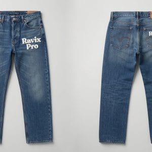 Custom Medium Wash Straight Leg Jeans with Printed Logo – front and back view, custom manufactured by Ravix Pro Industry, Sialkot