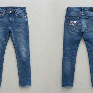 Custom Mid Blue Slim Jeans with Back Print – front and back view, custom manufactured by Ravix Pro Industry, Sialkot
